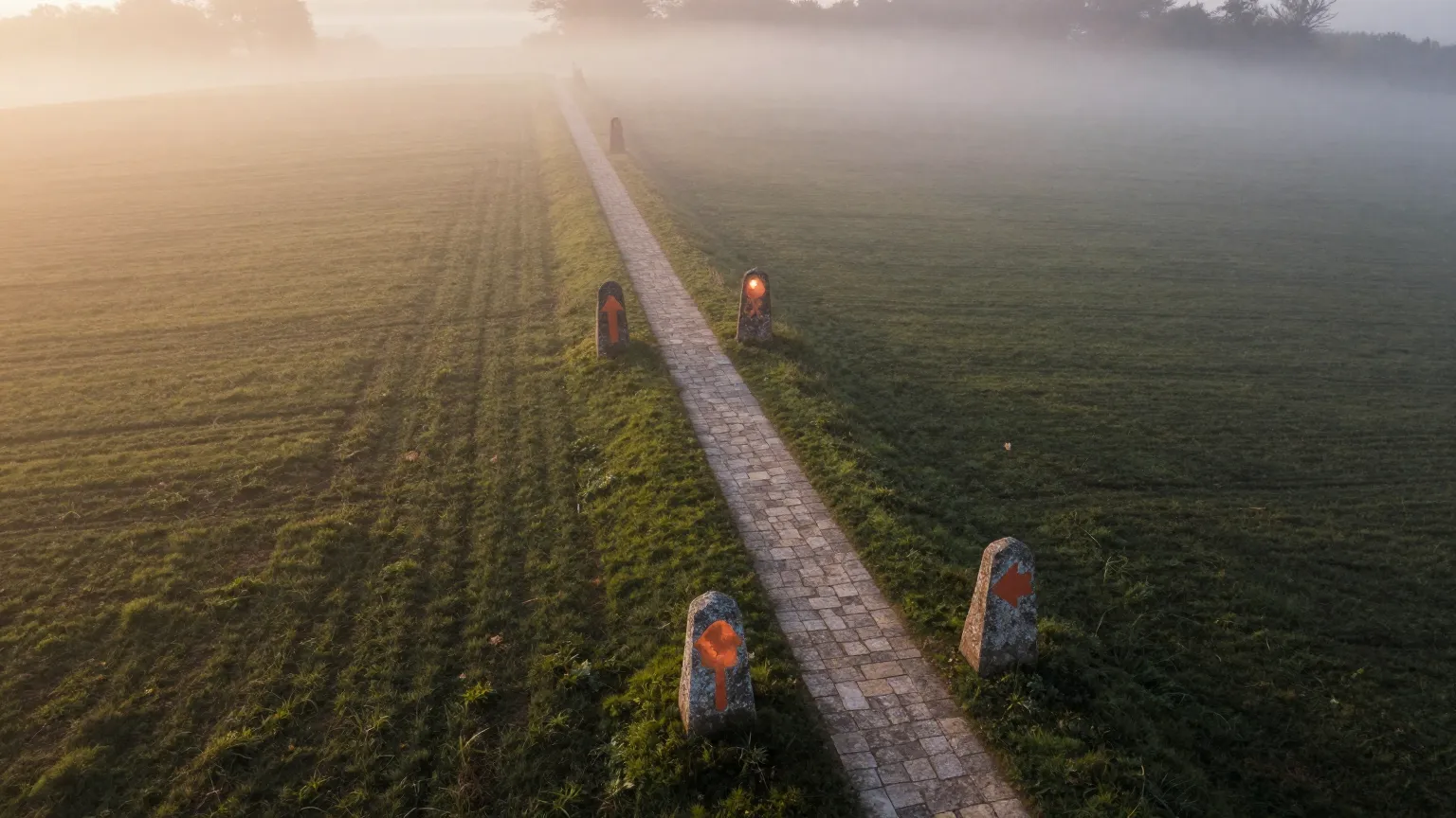 Un chemin de pierre qui s'enfonce dans la brume, jalonné de bornes.